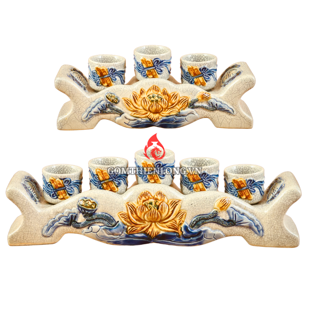 Bộ Kỷ Chén Thờ Men Rạn Đắp Nổi Hoa Sen 231039