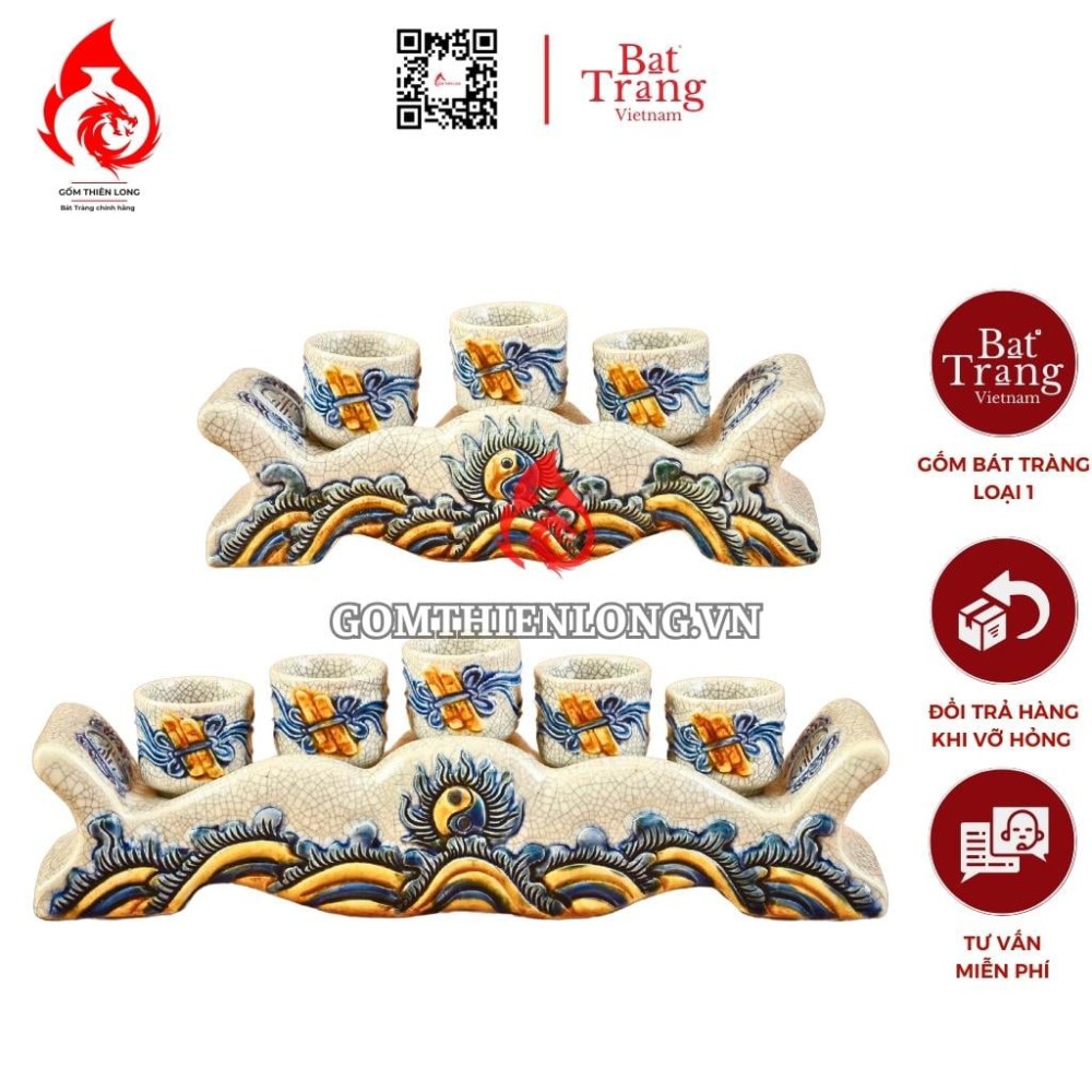 Bộ Kỷ Chén Thờ Men Rạn Đắp Nổi Mặt Nguyệt Dáng Ngai 231038