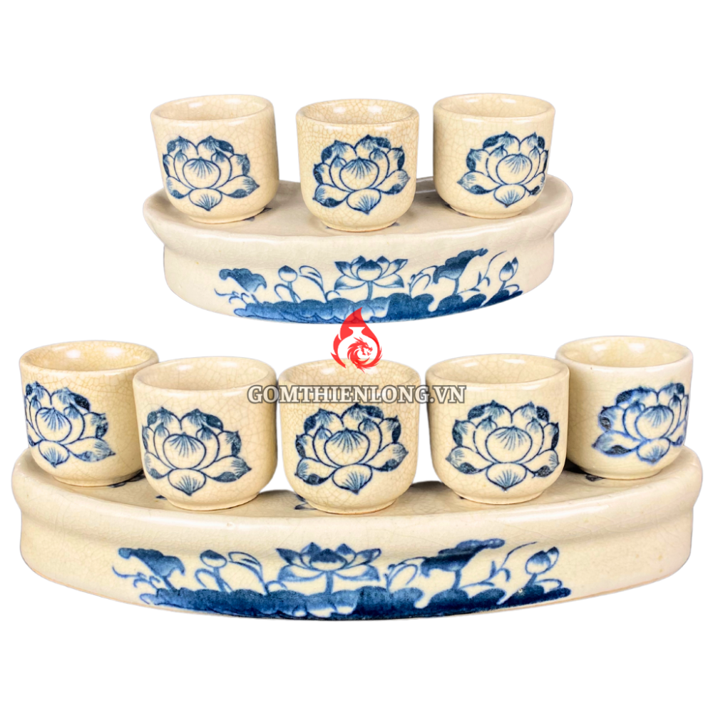Bộ Kỷ Chén Thờ Men Rạn Vẽ Hoa Sen 231065