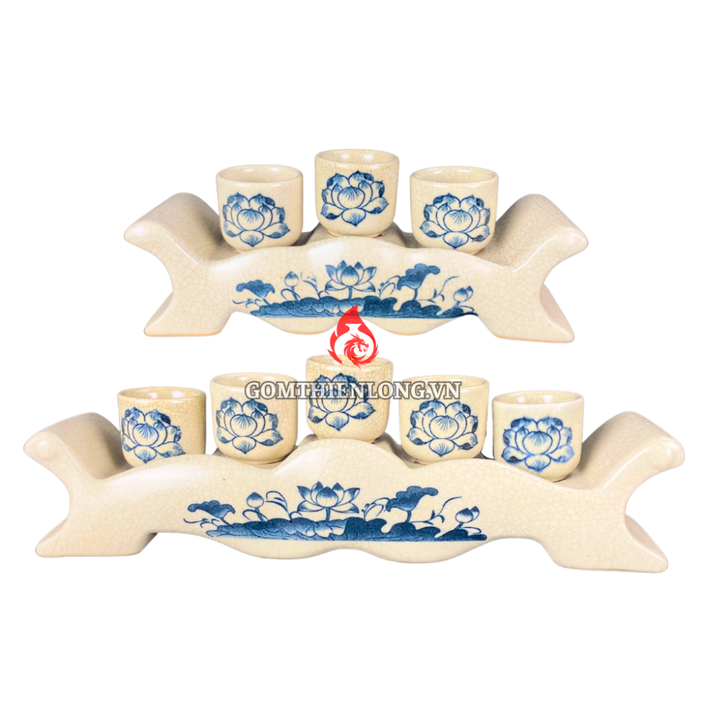 Bộ Kỷ Chén Thờ Men Rạn Vẽ Hoa Sen 231064