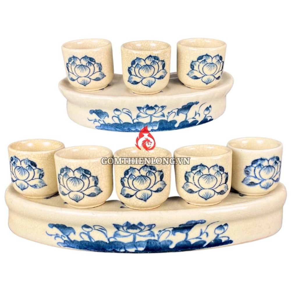 Bộ Kỷ Chén Thờ Men Rạn Vẽ Hoa Sen 231065