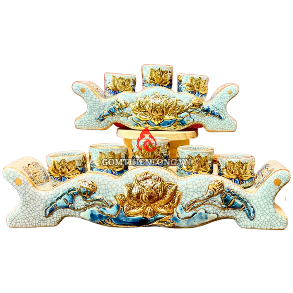 Bộ Kỷ Chén Thờ Men Rạn Đắp Nổi Vẽ Vàng Hoa Sen 231041