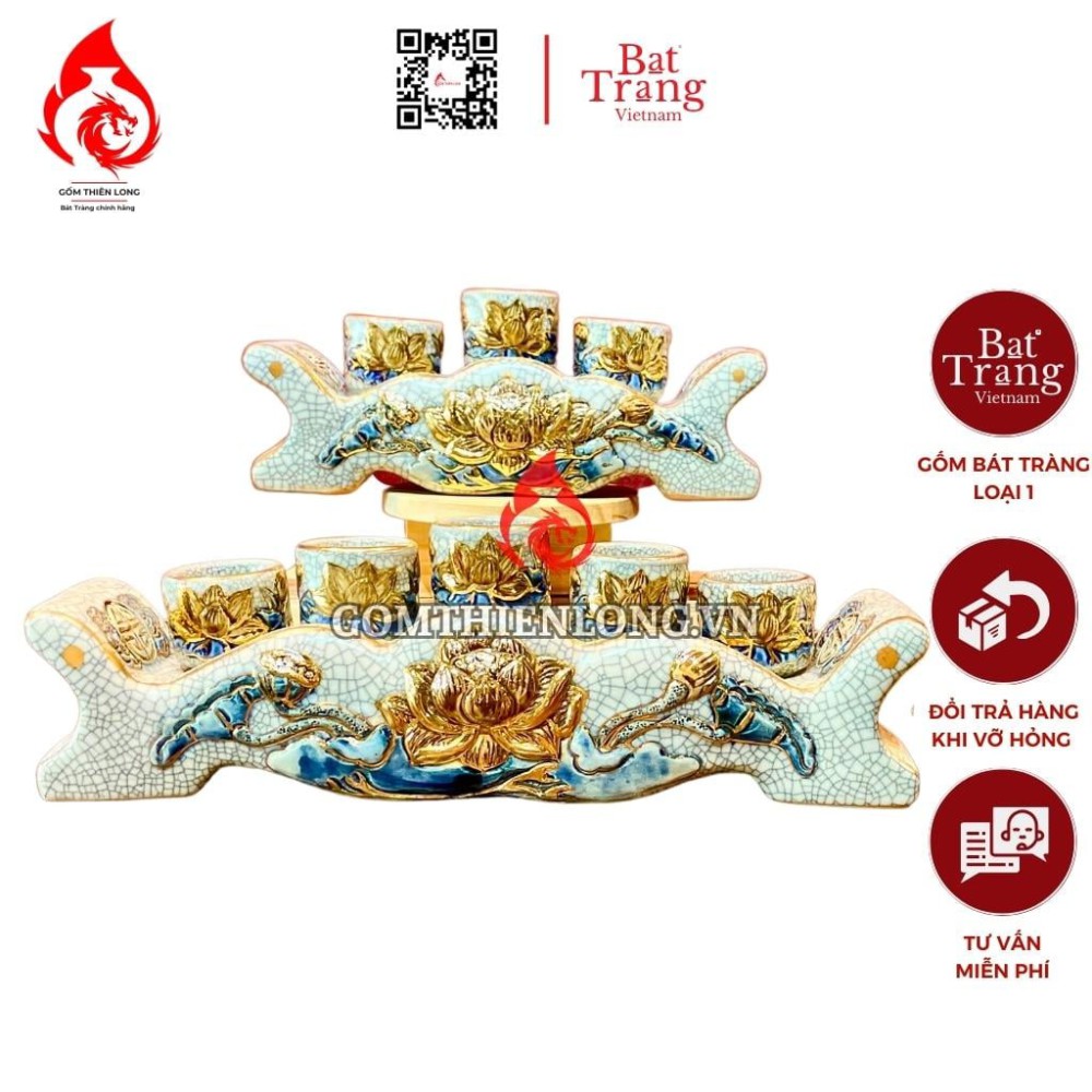 Bộ Kỷ Chén Thờ Men Rạn Đắp Nổi Vẽ Vàng Hoa Sen 231041