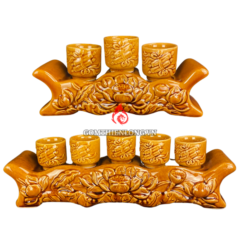 Bộ Kỷ Chén Thờ Men Vàng Hoàng Thổ Đắp Hoa Sen 231062