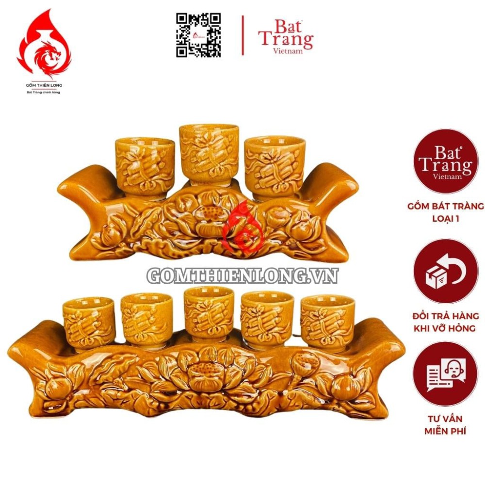 Bộ Kỷ Chén Thờ Men Vàng Hoàng Thổ Đắp Hoa Sen 231062