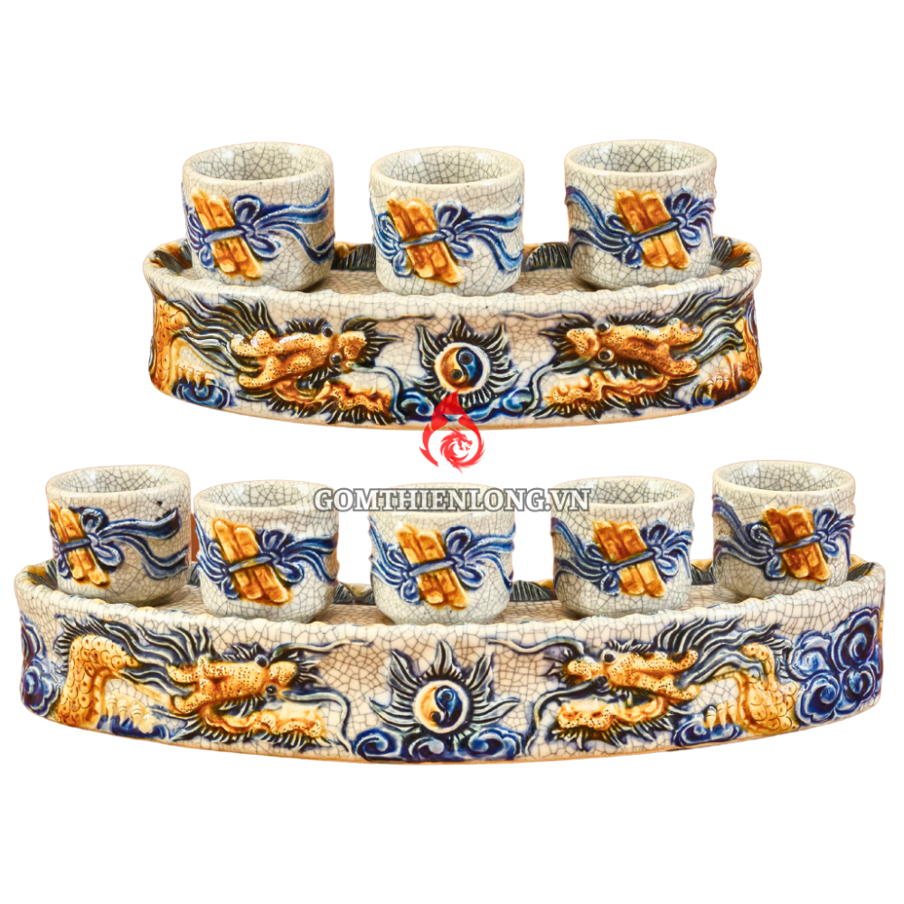 Bộ Kỷ Chén Thờ Men Rạn Đắp Nổi Long Chầu Nguyệt 231040
