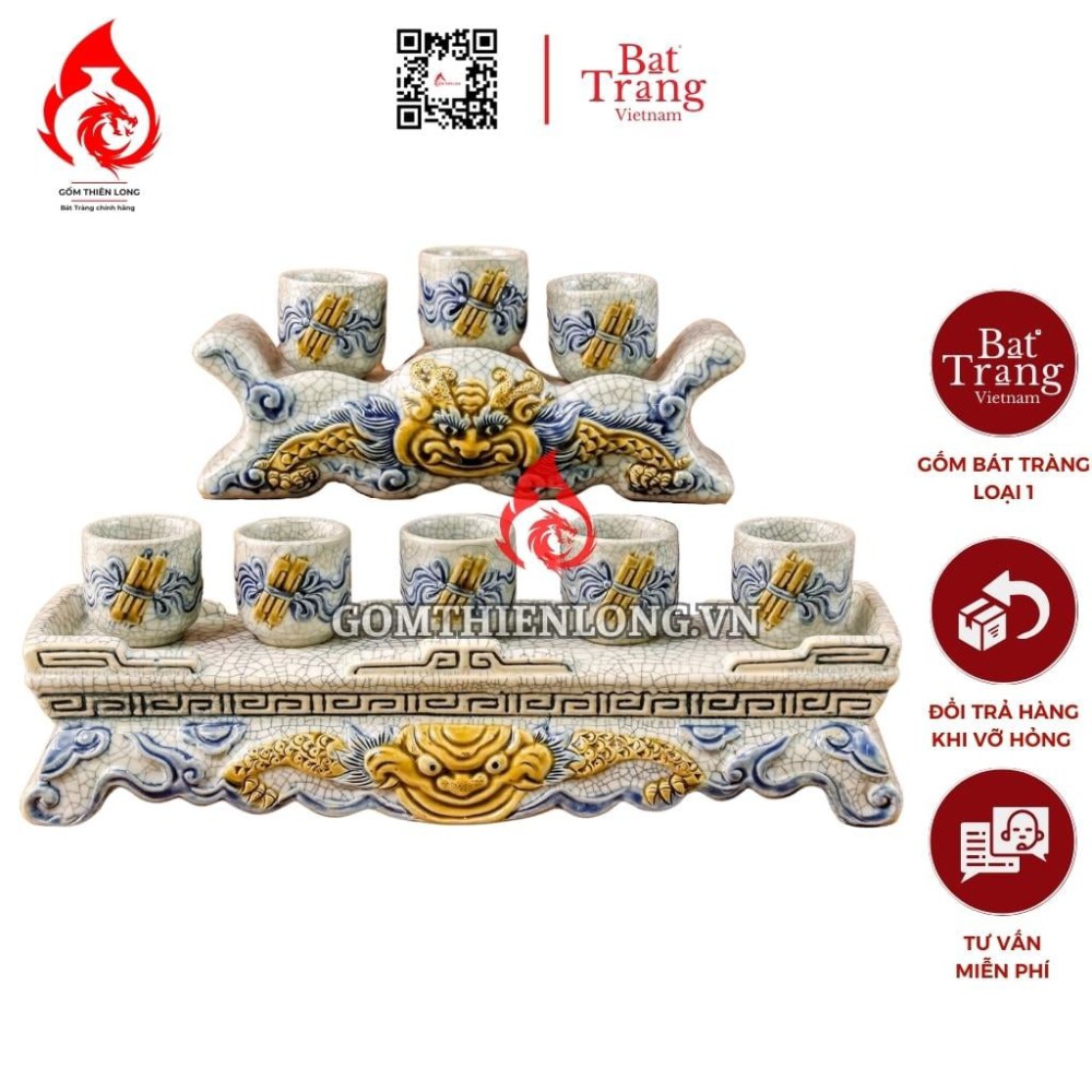 Bộ Kỷ Chén Thờ Men Rạn Đắp Nổi 231070