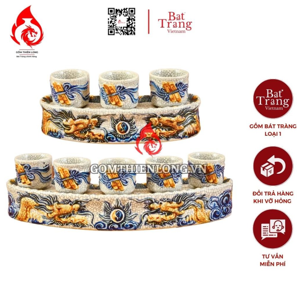 Bộ Kỷ Chén Thờ Men Rạn Đắp Nổi Long Chầu Nguyệt 231040