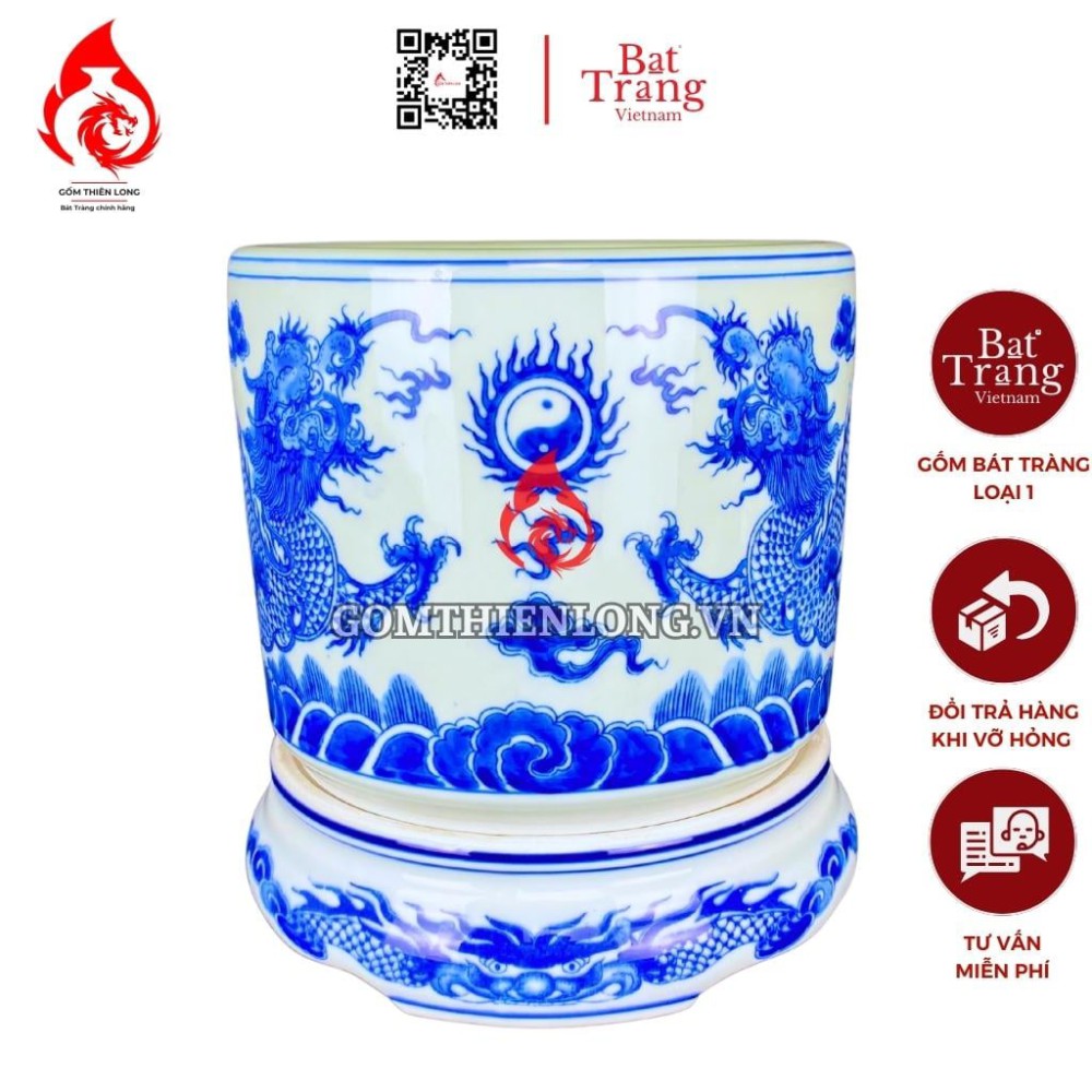 Chân Đế Bát Hương Bằng Sứ Men Lam Vẽ Rồng R230815
