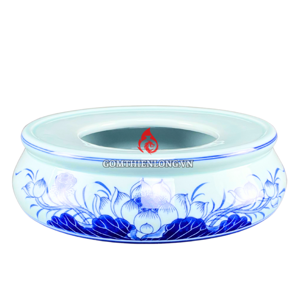 Chân Đế Bát Hương Bằng Sứ Men Lam Ngọc Vẽ Hoa Sen 231219