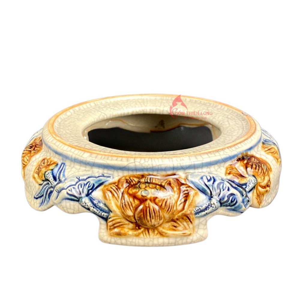 Đế Bát Hương Men Rạn Đắp Nổi Sen S230814