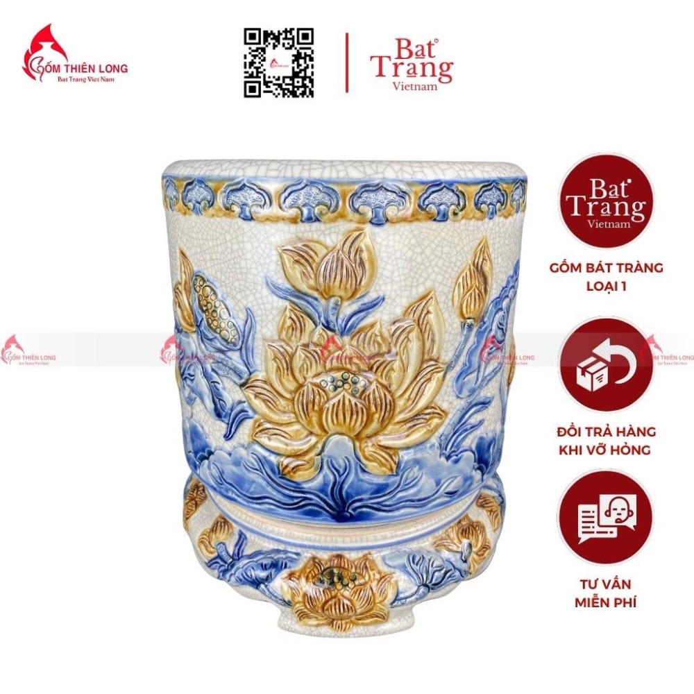 Đế Bát Hương Men Rạn Đắp Nổi Sen S230814