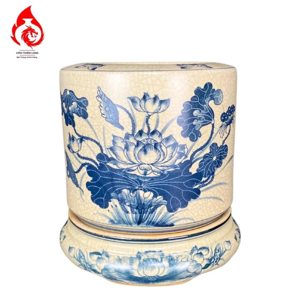Chân Đế Bát Hương Bằng Sứ Men Rạn Vẽ Sen 231037S