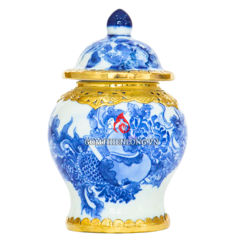 Chóe Thờ Bát Tràng Men Lam Bọc Đồng Vẽ Phượng Cổ 230243