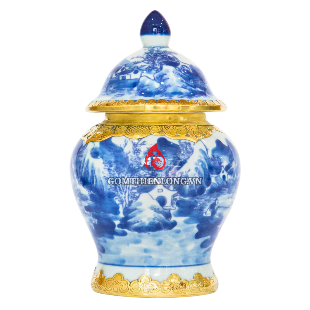 Chóe Thờ Bát Tràng Men Lam Bọc Đồng Vẽ Sơn Thủy 230242