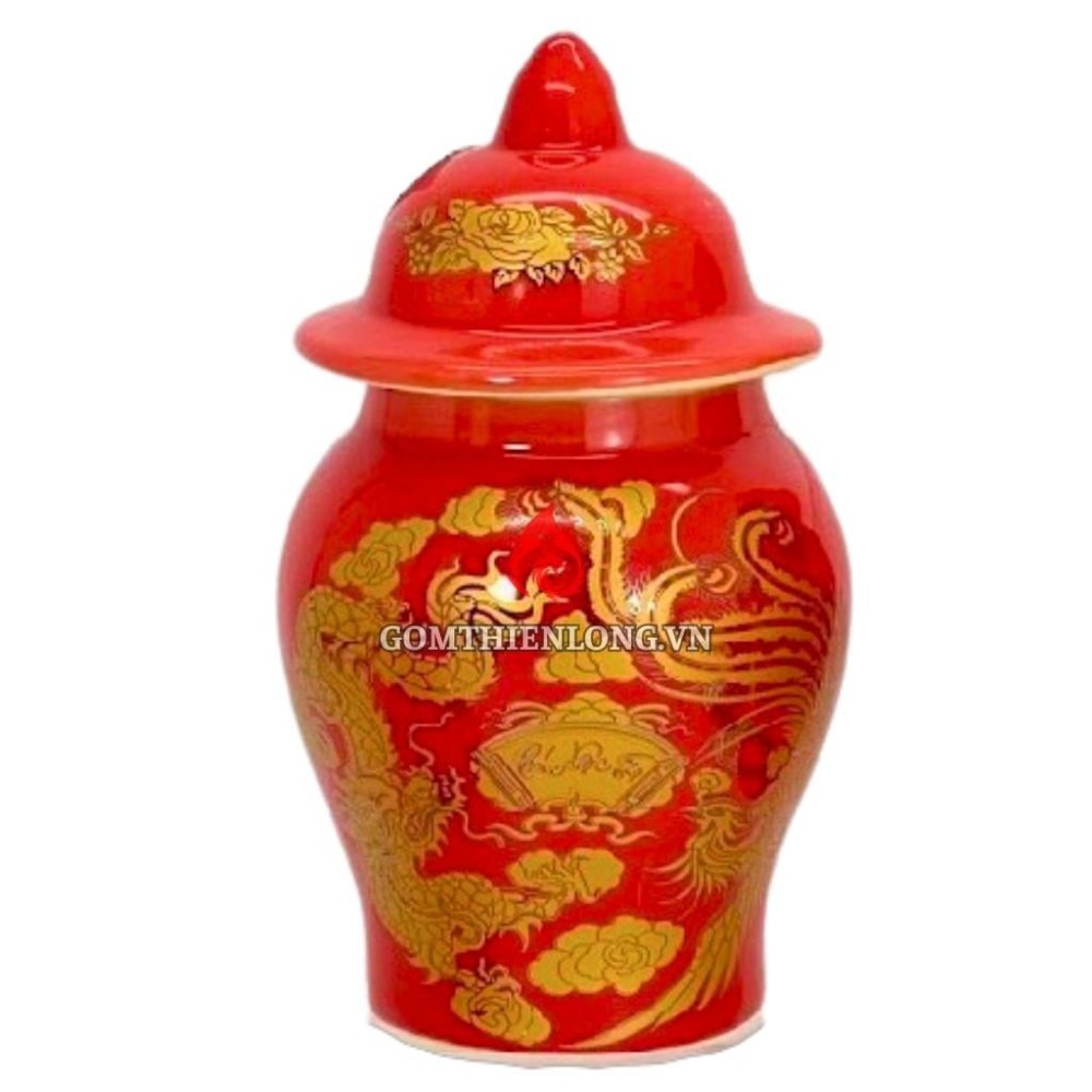 Chóe Thờ Bát Tràng Màu Men Đỏ Vẽ Ánh Kim Rồng Phượng 230245