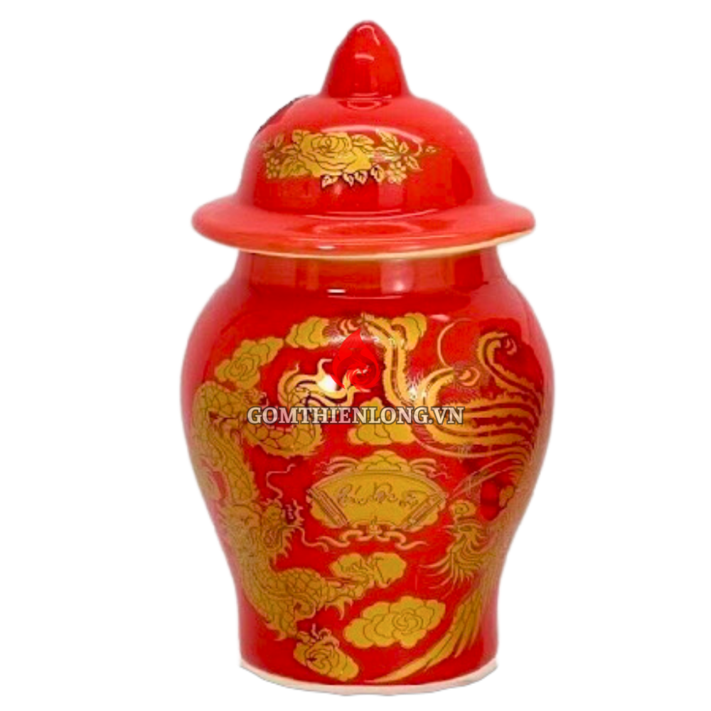 Chóe Thờ Bát Tràng Màu Men Đỏ Vẽ Ánh Kim Rồng Phượng 230245