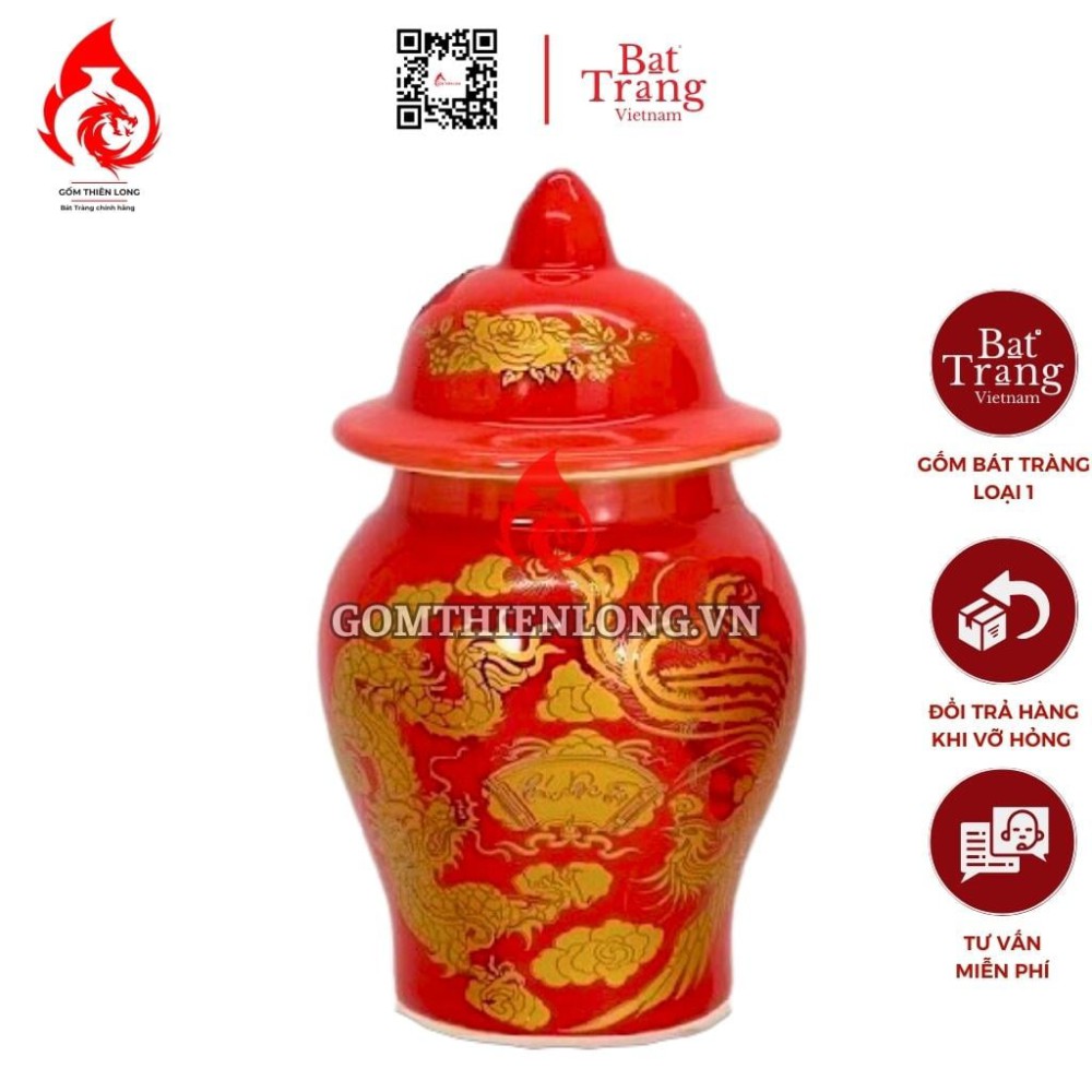 Chóe Thờ Bát Tràng Màu Men Đỏ Vẽ Ánh Kim Rồng Phượng 230245