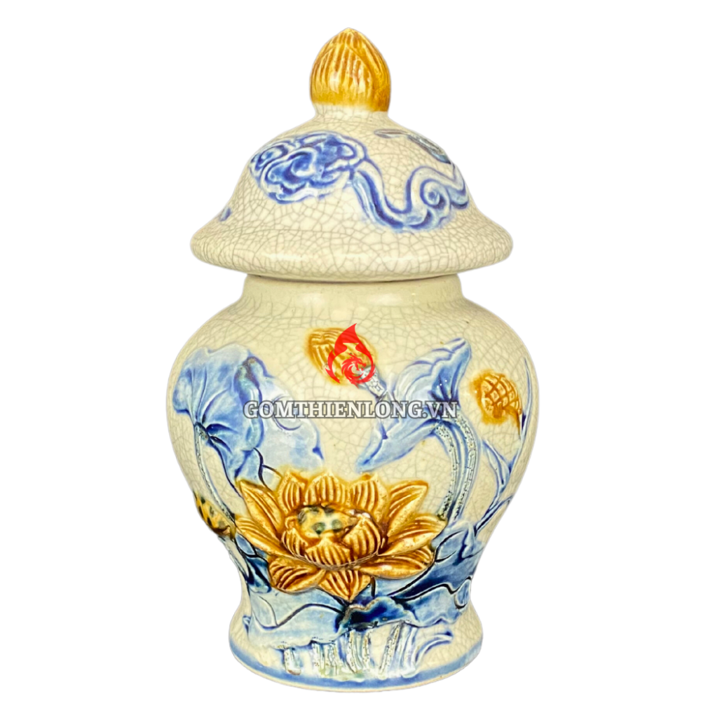 Chóe Thờ Bát Tràng Men Rạn Đắp Nổi Hoa Sen 230231S