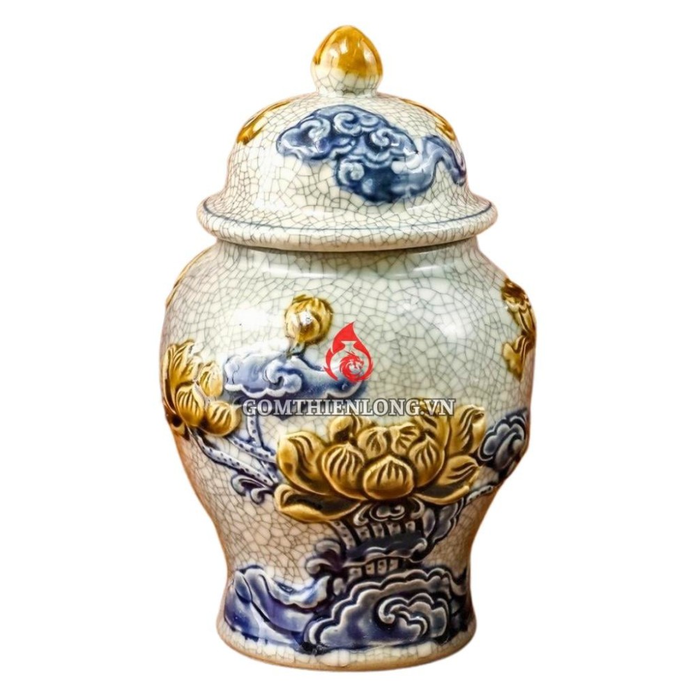 Chóe Thờ Bát Tràng Men Rạn Đắp Nổi Hoa Sen 230256