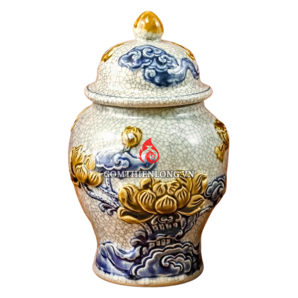 Chóe Thờ Bát Tràng Men Rạn Đắp Nổi Hoa Sen 230256