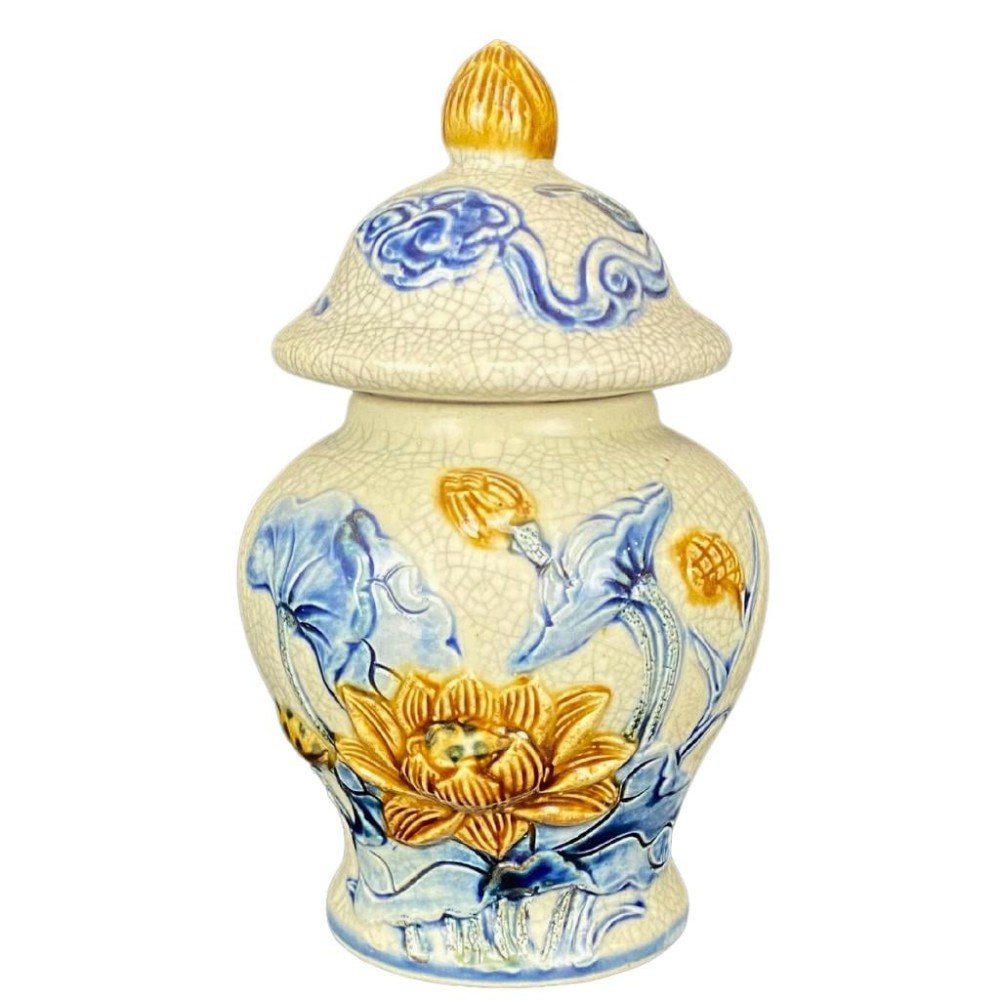 Chóe Thờ Bát Tràng Men Rạn Đắp Nổi Hoa Sen 230231S