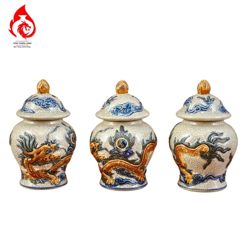 Chóe Thờ Bát Tràng Men Rạn Đắp Nổi Long Chầu Nguyệt 230231R