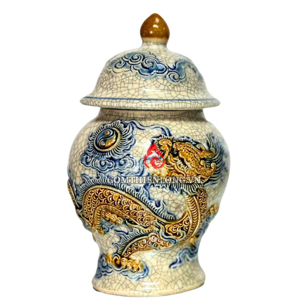 Chóe Thờ Bát Tràng Men Rạn Đắp Nổi Long Chầu Nguyệt 230233R