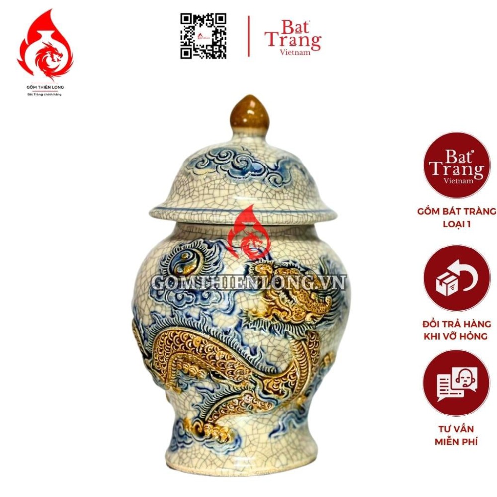 Chóe Thờ Bát Tràng Men Rạn Đắp Nổi Long Chầu Nguyệt 230233R