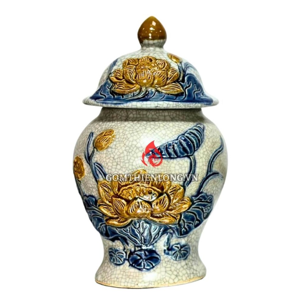 Chóe Thờ Bát Tràng Men Rạn Đắp Nổi Hoa Sen 230233S