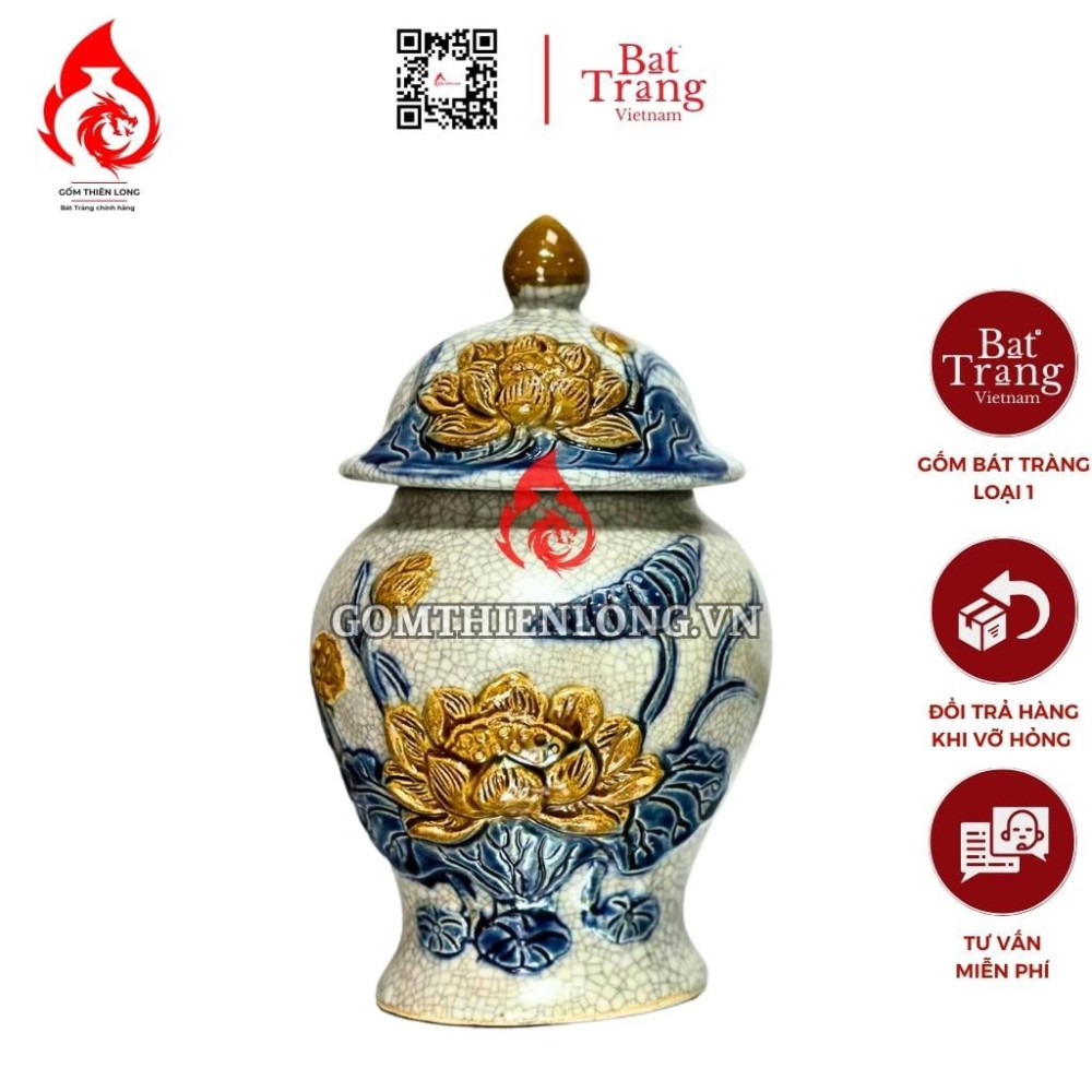 Chóe Thờ Bát Tràng Men Rạn Đắp Nổi Hoa Sen 230233S