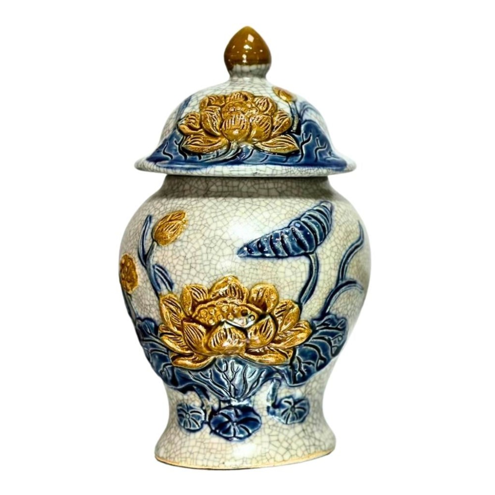 Chóe Thờ Bát Tràng Men Rạn Đắp Nổi Hoa Sen 230233S
