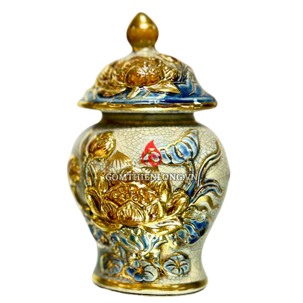 Chóe Thờ Bát Tràng Men Rạn Đắp Nổi Vẽ Vàng Hoa Sen 230234