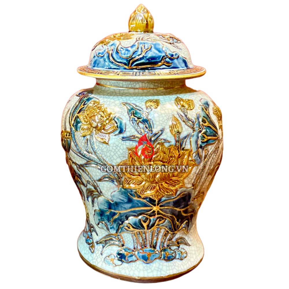 Chóe Thờ Bát Tràng Men Rạn Đắp Nổi Vẽ Vàng Hoa Sen 230232S