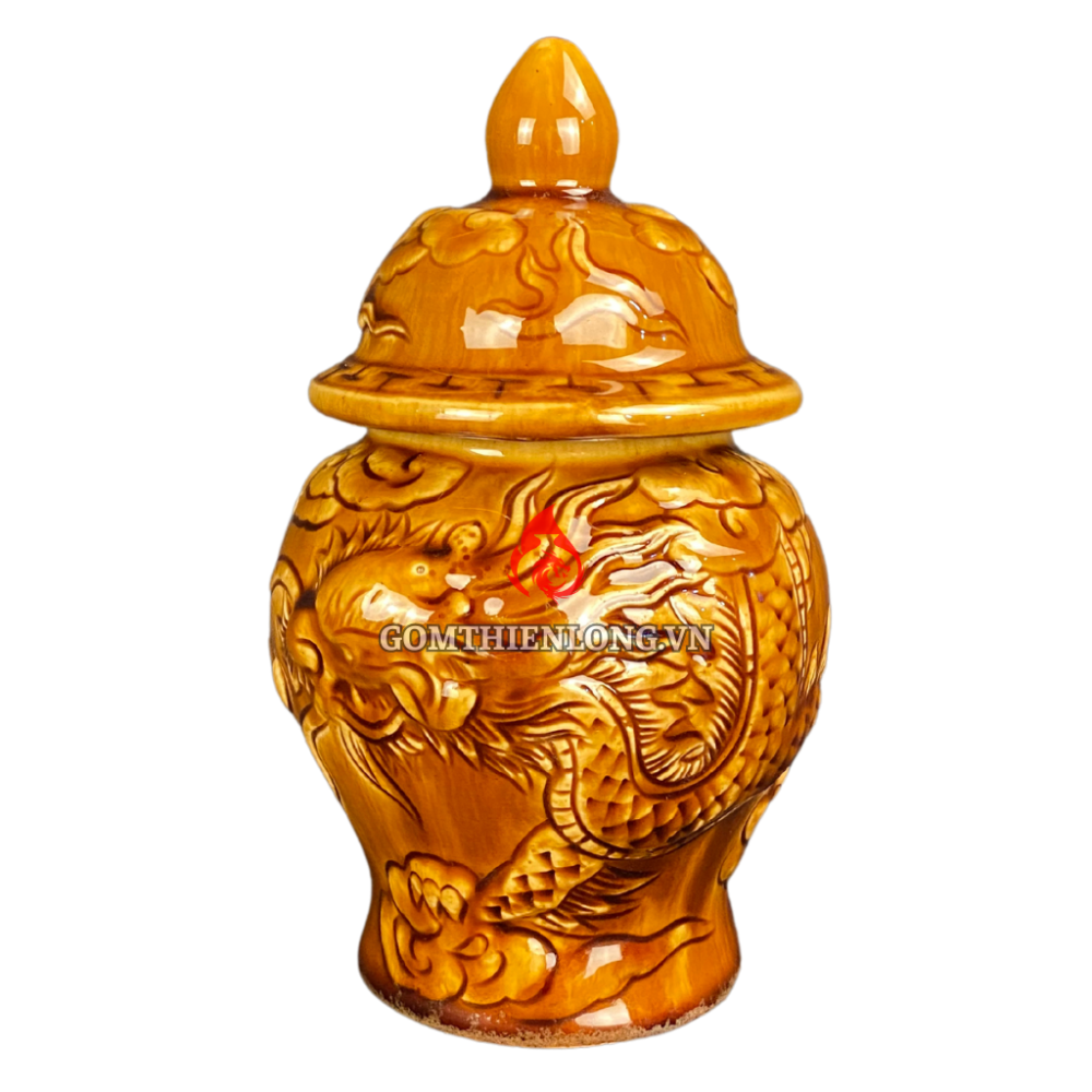 Chóe Thờ Bát Tràng Men Vàng Hoàng Thổ Đắp Nổi Hoa Sen 230250