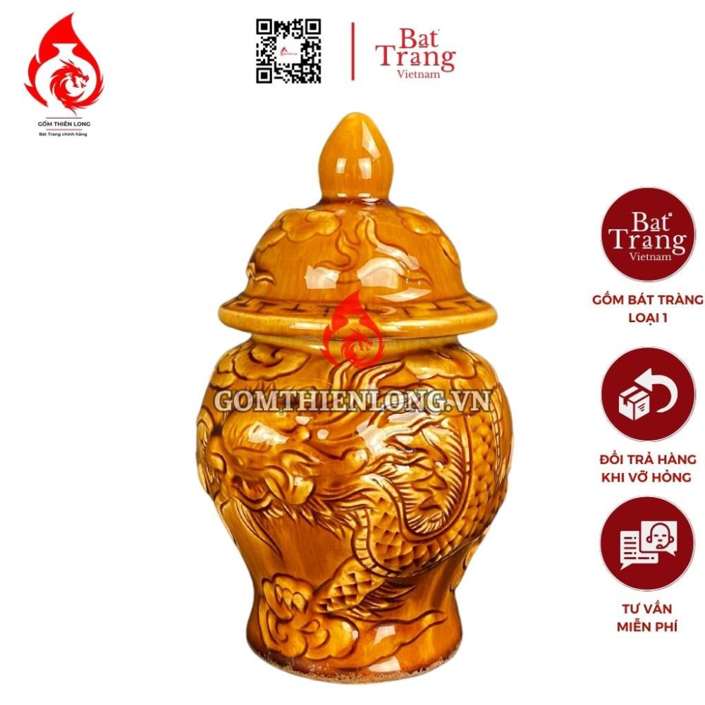 Chóe Thờ Bát Tràng Men Vàng Hoàng Thổ Đắp Nổi Hoa Sen 230250