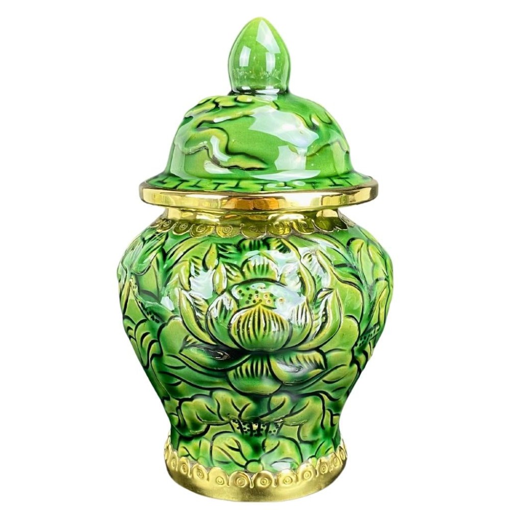 Chóe Thờ Bát Tràng Men Vàng Hoàng Thổ Đắp Nổi Hoa Sen 230250