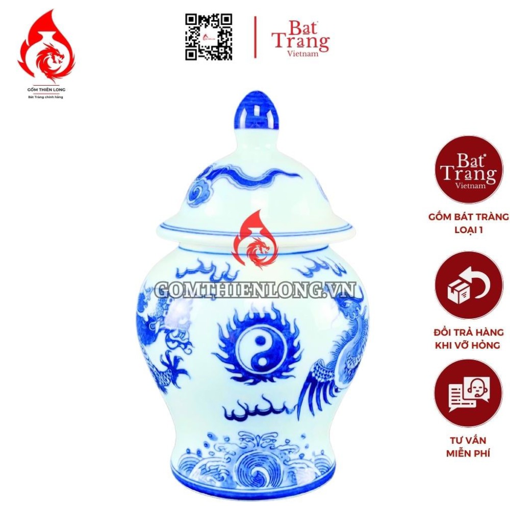 Chóe Thờ Bát Tràng Men Lam Ngọc Vẽ Rồng Phượng 231106