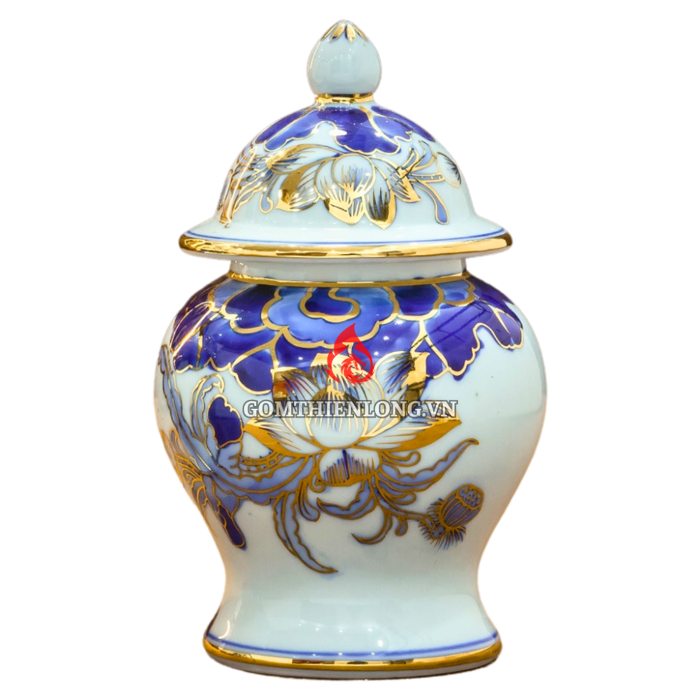 Chóe Thờ Bát Tràng Men Lam Vẽ Vàng Hoa Sen 230240