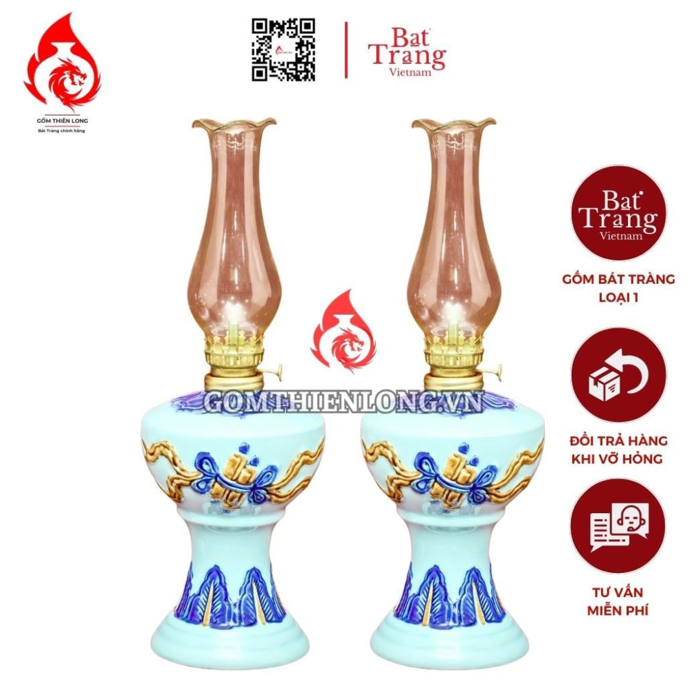 Đèn Dầu Bát Tràng Men Ngọc Đắp Nổi 230135