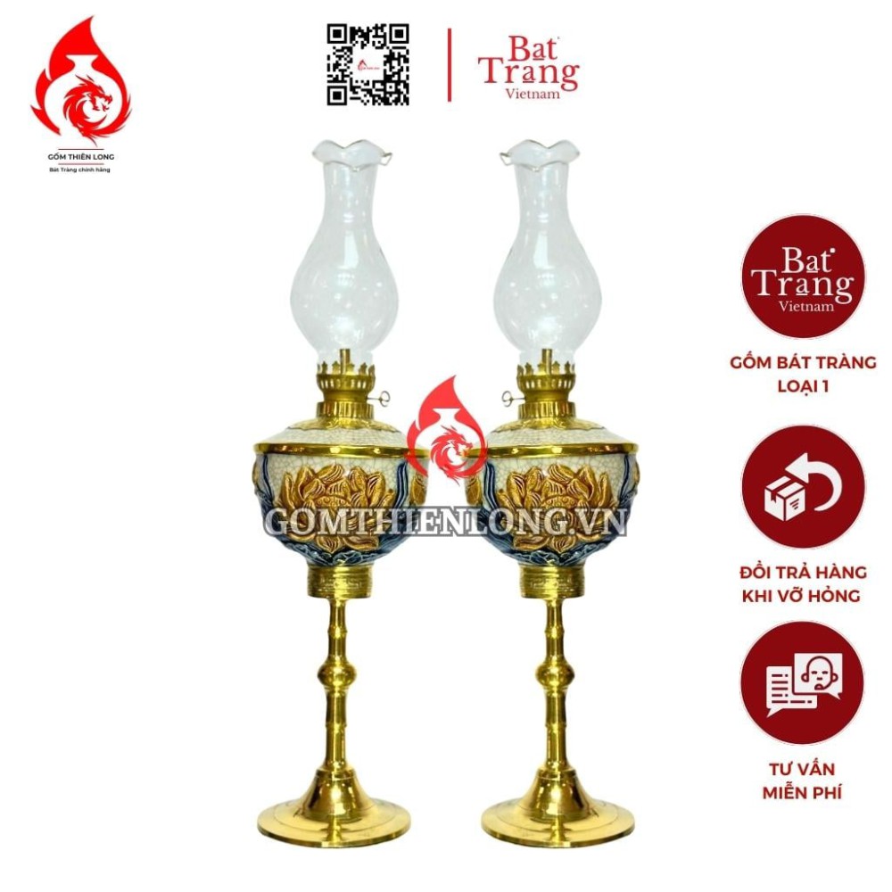 Đèn Dầu Bát Tràng Men Rạn Hoa Sen Chân Đồng 230136