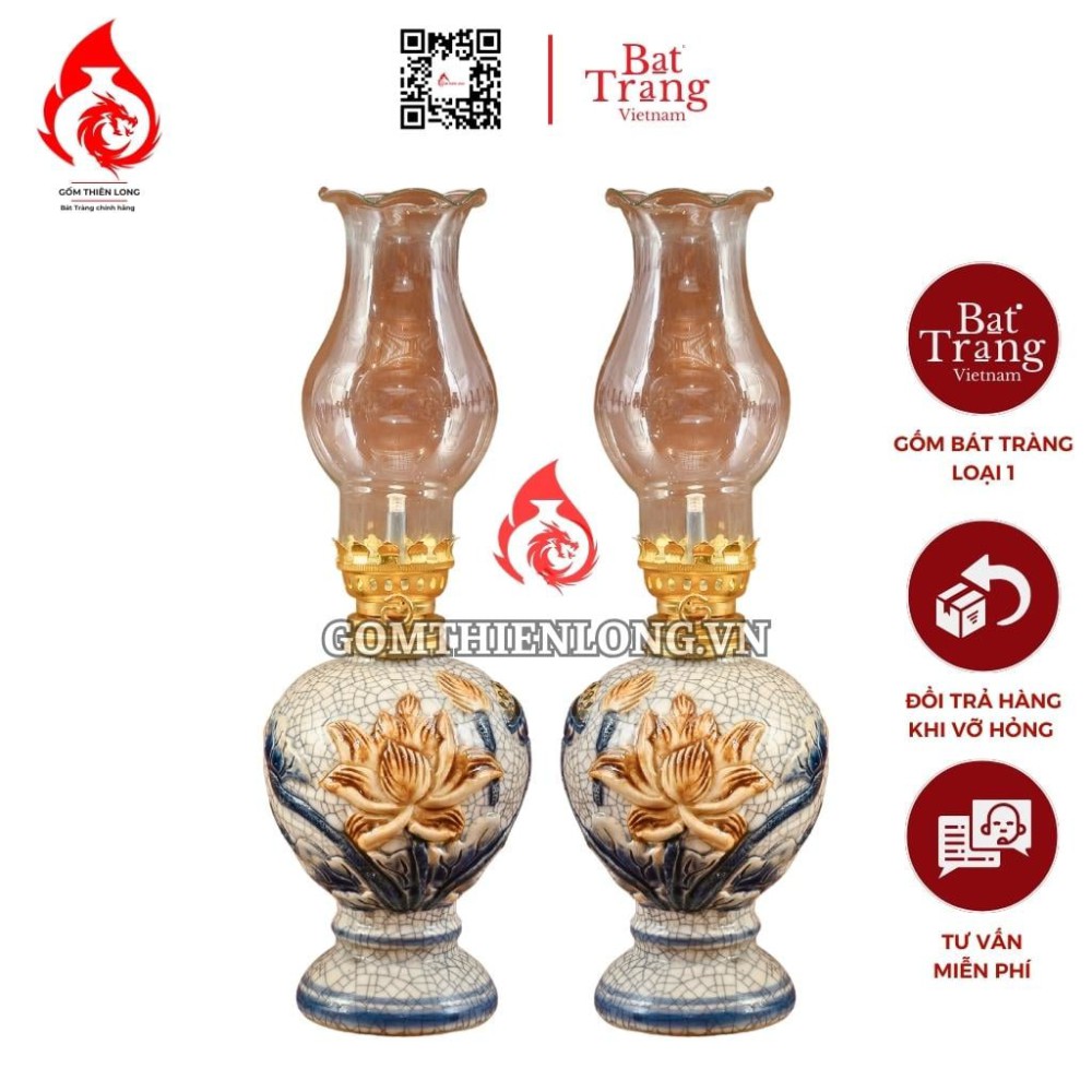 Đèn Dầu Bát Tràng Men Rạn Hoa Sen 230132