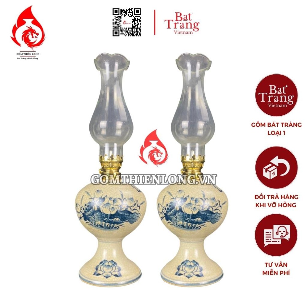 Đèn Dầu Thờ Bát Tràng Men Rạn Vẽ Hoa Sen 230168