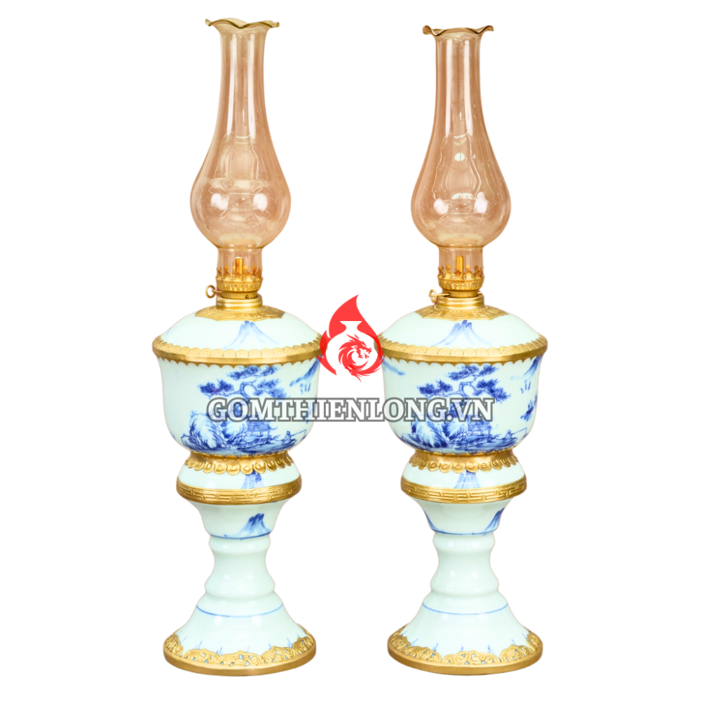 Đèn Dầu Thờ Bát Tràng Cỡ Đại Bát Cây Men Lam Sơn Thủy 230156