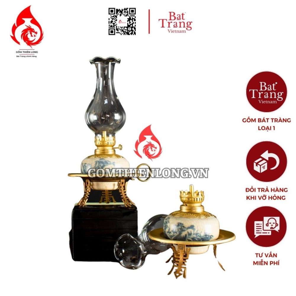 Đèn Dầu Thờ Bát Tràng Chân Đĩa Men Rạn Vẽ Đồng Quê 230198