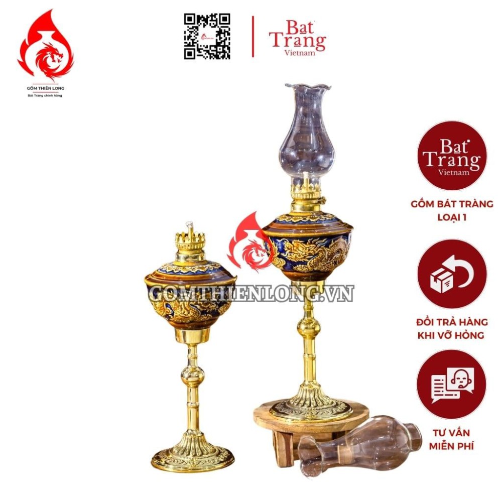 Đèn Dầu Thờ Bát Tràng Chân Đồng Khắc Nổi Long Chầu Nguyệt 230148