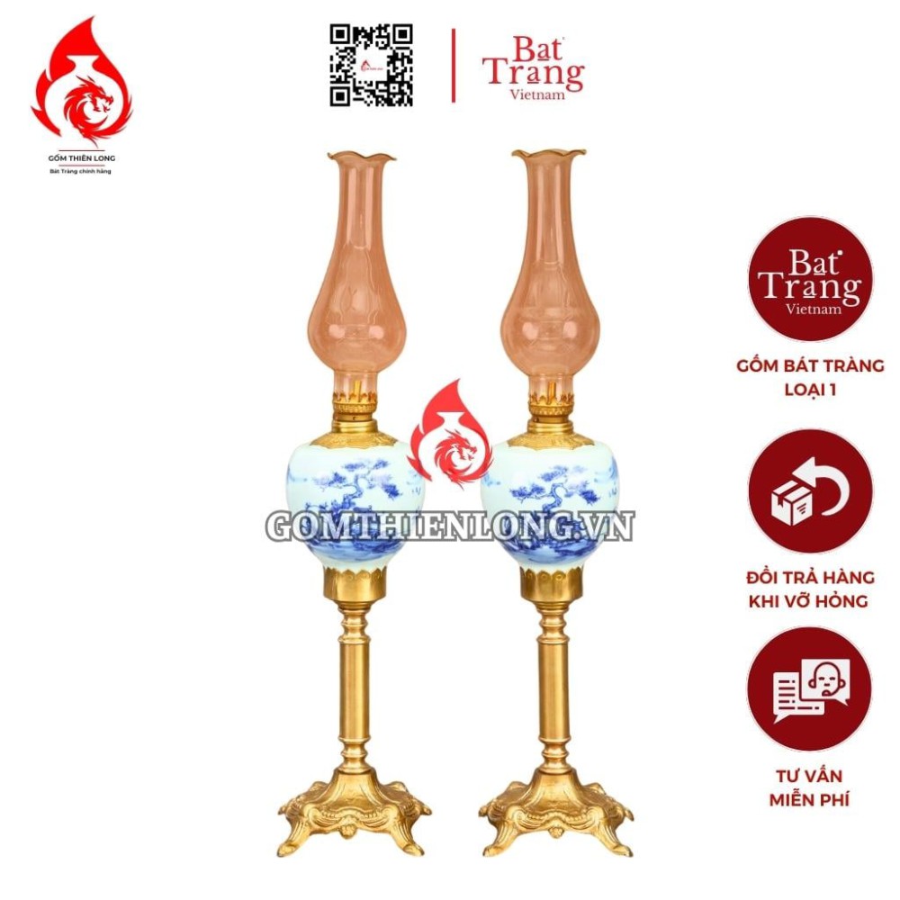 Đèn Dầu Thờ Bát Tràng Cỡ Đại Chân Đồng Men Lam Sơn Thủy 230155