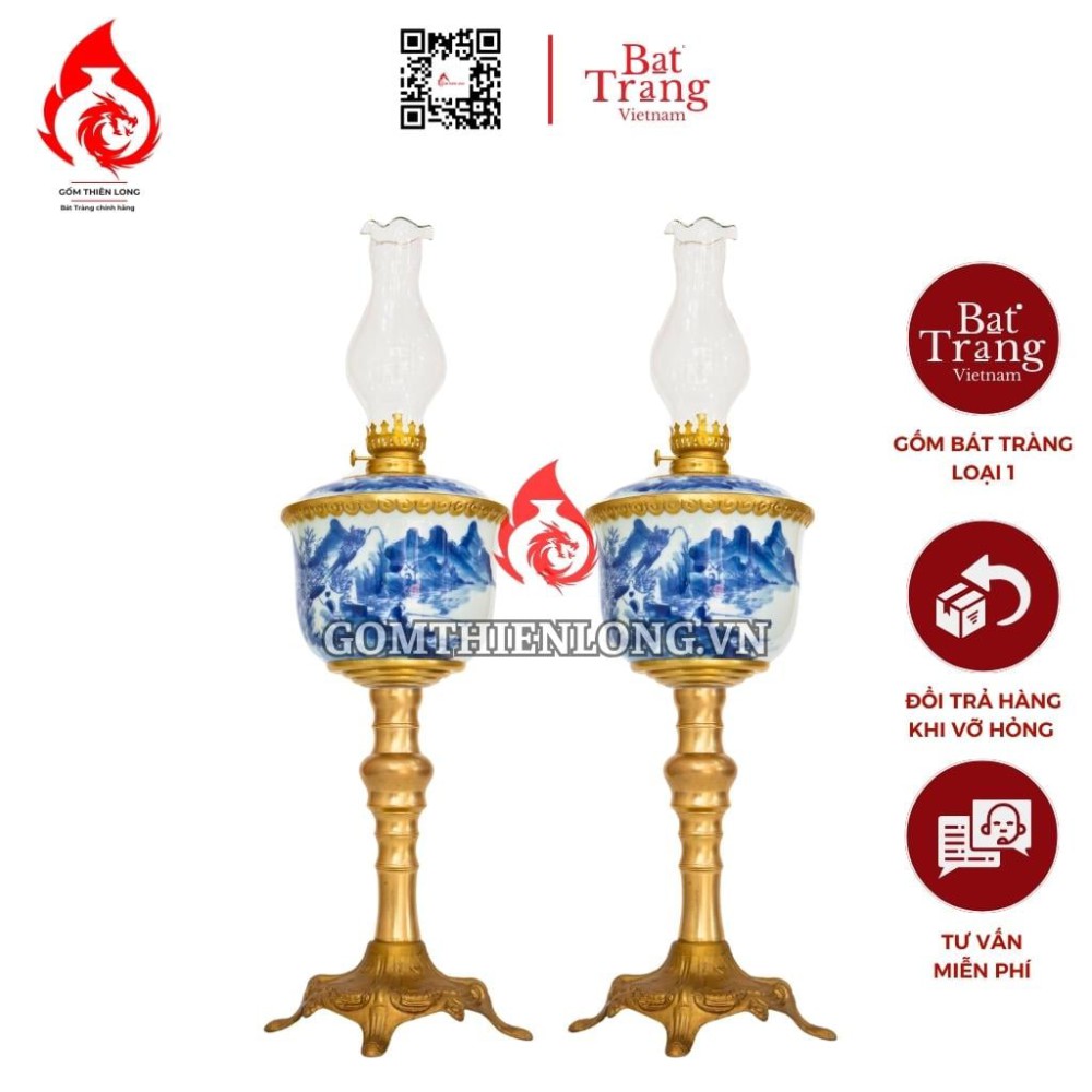 Đèn Dầu Thờ Bát Tràng Cỡ Lớn Men Lam Vẽ Sơn Thủy 230182