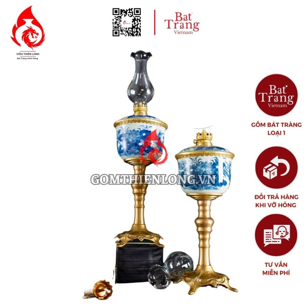 Đèn Dầu Thờ Bát Tràng Cỡ Lớn Vẽ Hoa Sen 230211