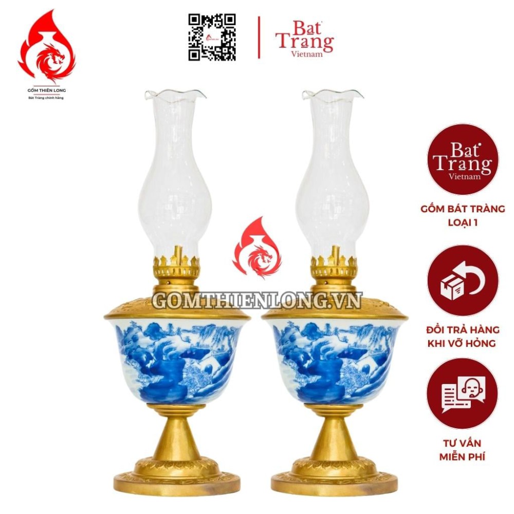 Đèn Dầu Thờ Bát Tràng Cỡ Lớn Chân Thấp Men Lam 230191